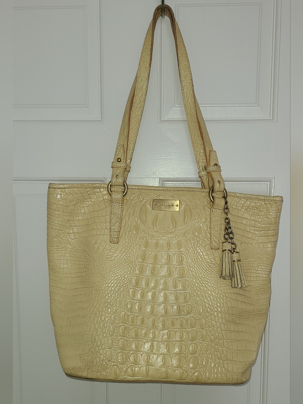 Brahmin Rich Pale Yellow Croc-Embossed Leather Tote with Tassel Charm